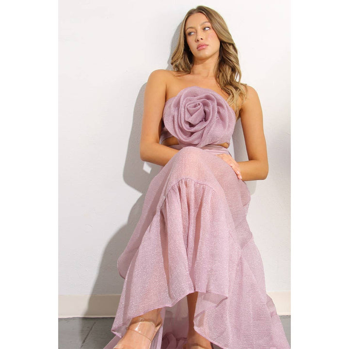 FLOWER TOP AND MICRO PANTED SKIRT SET: PINK MAUVE / S