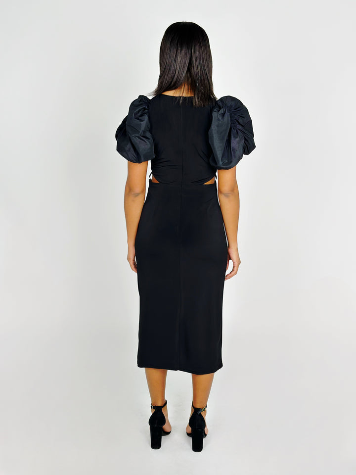 Black Puff Sleeve Ruched Midi Dress