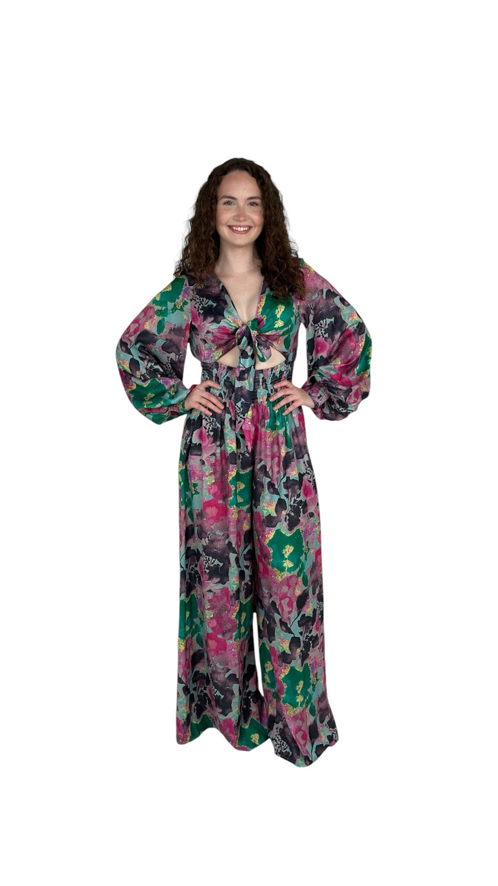 Green/Pink Long Flowered Jumpsuit