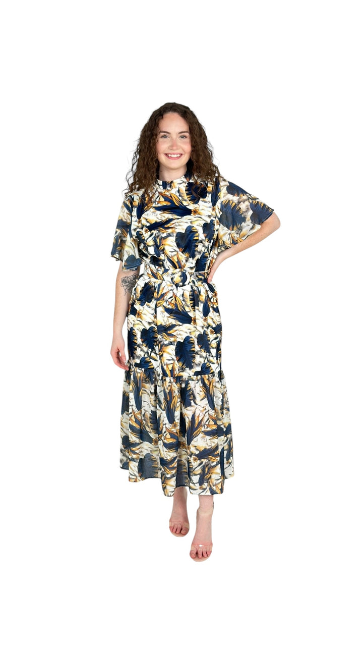 Yellow/Blue Floral High Neck Dress