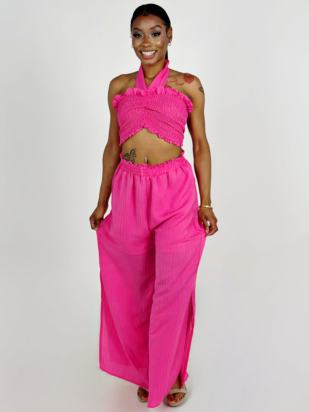 Hot Pink Crop Top Pant Set