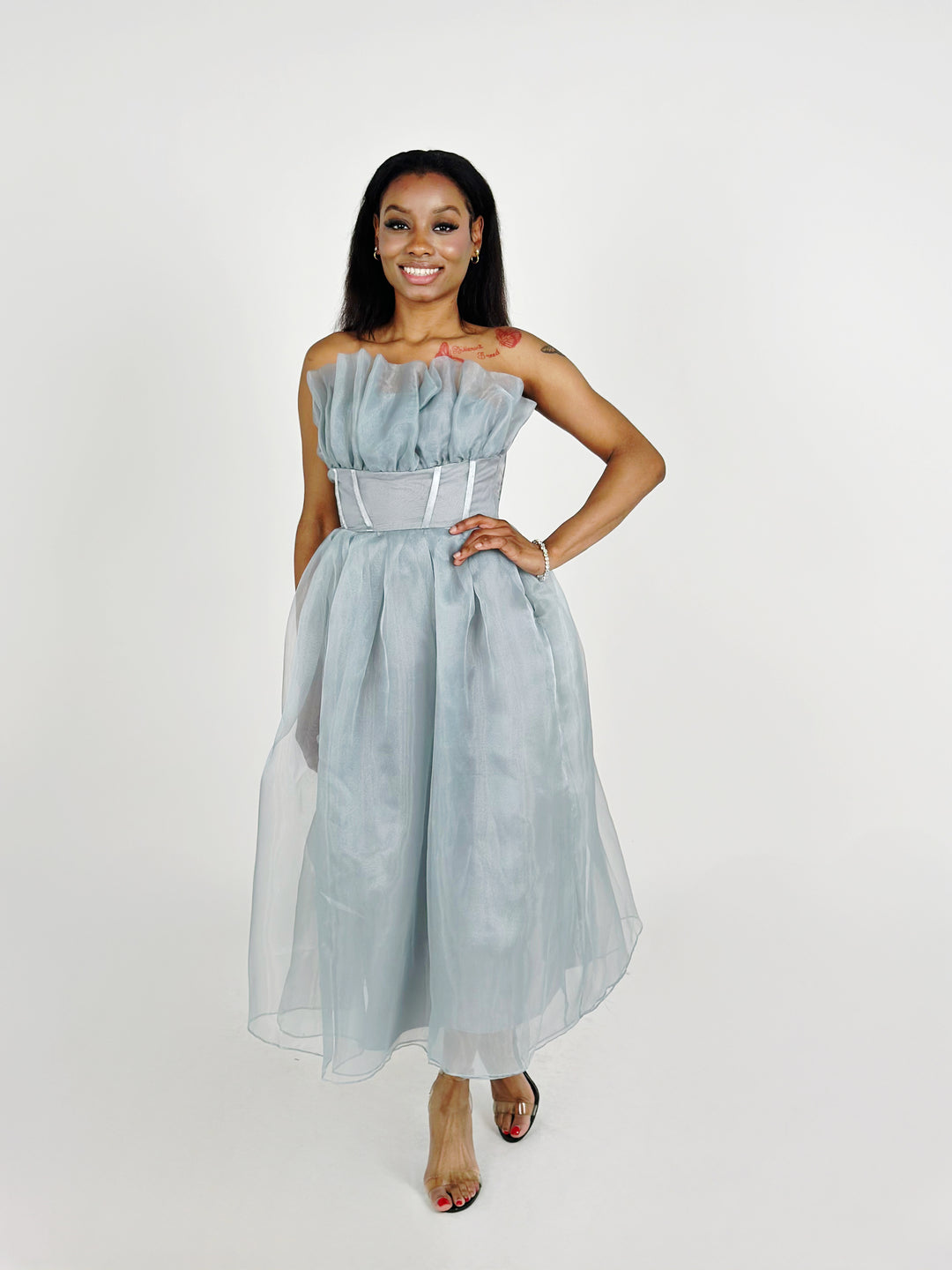 Grey Strapless Organza Midi Dress