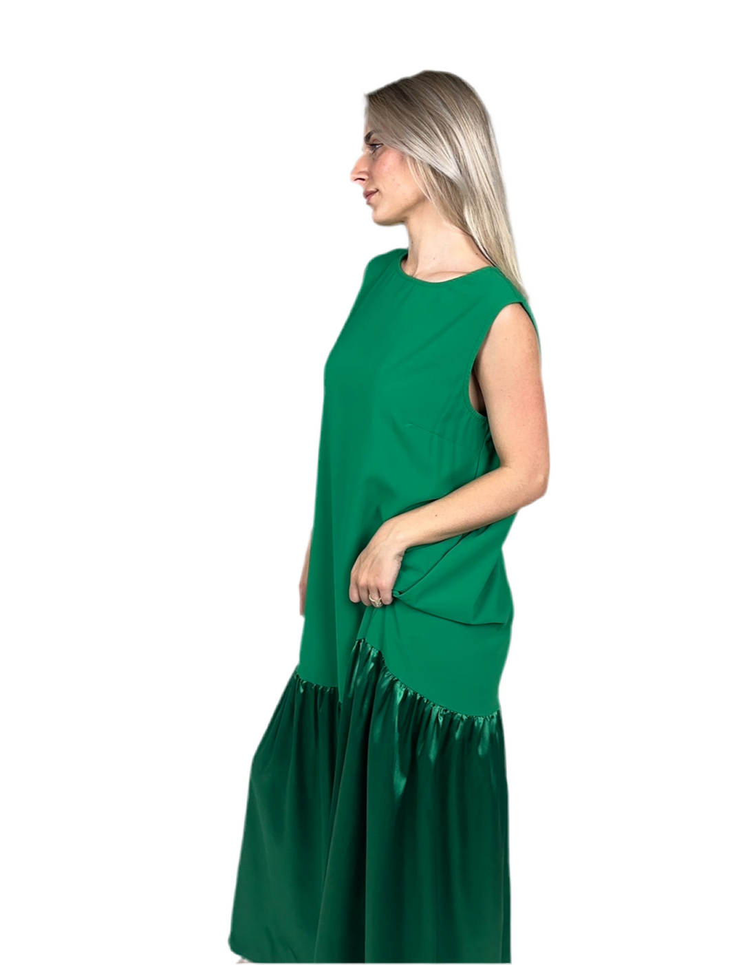 Green Round Neck A Line Maxi Dress