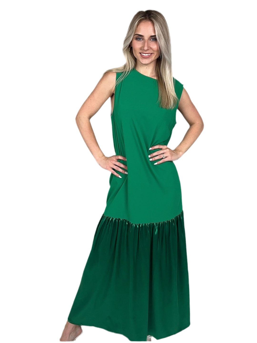 Green Round Neck A Line Maxi Dress