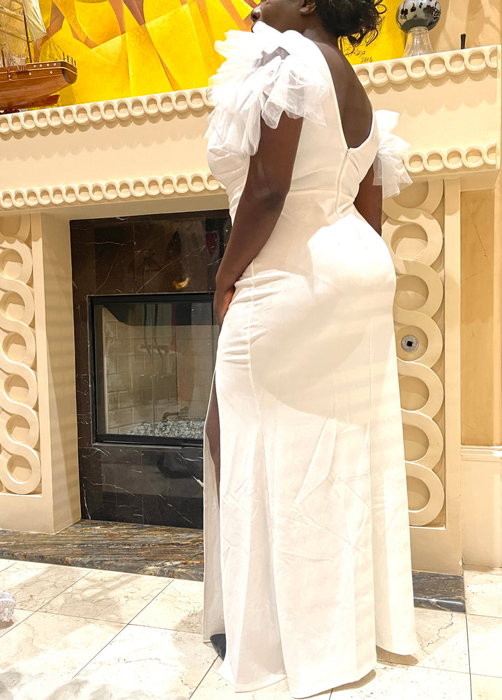 White Tulle Shoulder Maxi Dress