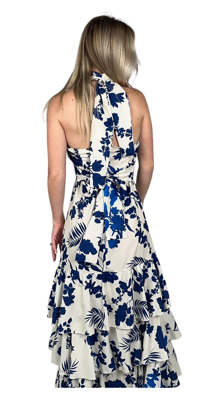 White/Blue Printed Tiered Maxi Dress