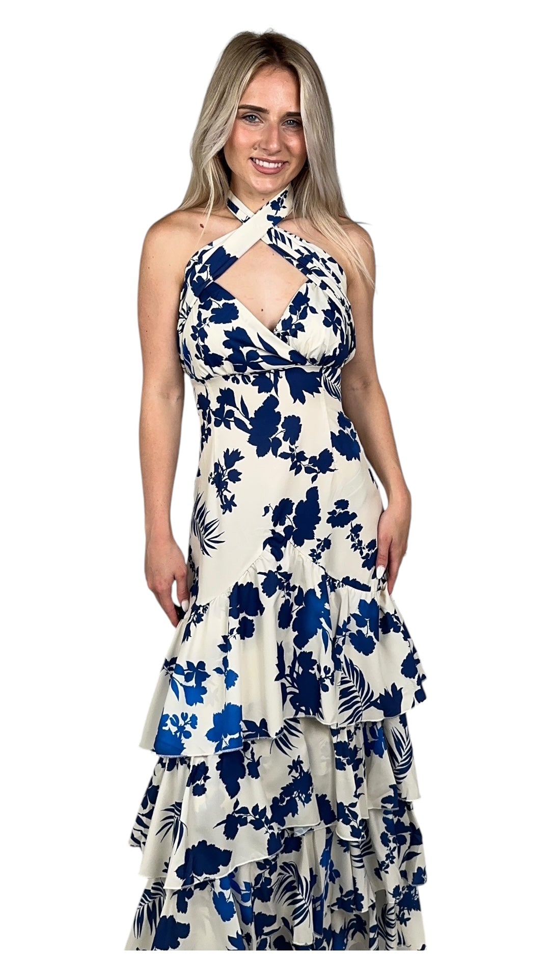 White/Blue Printed Tiered Maxi Dress