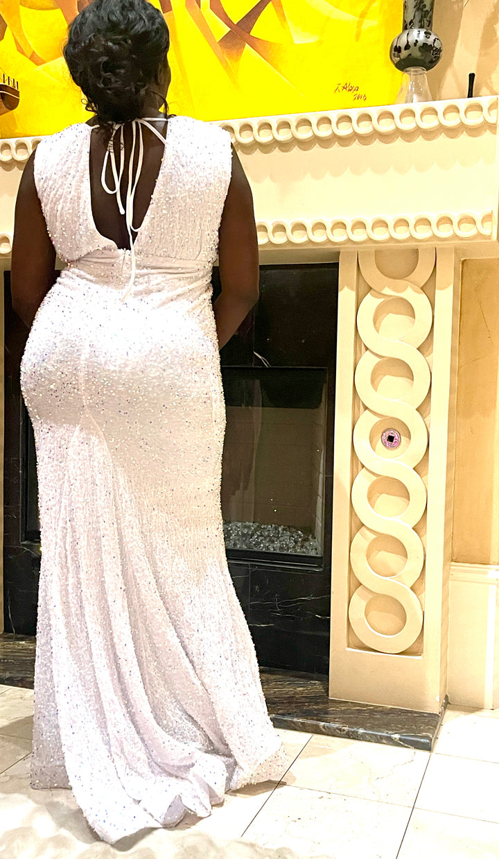 White Backless Sequin Maxi Dress