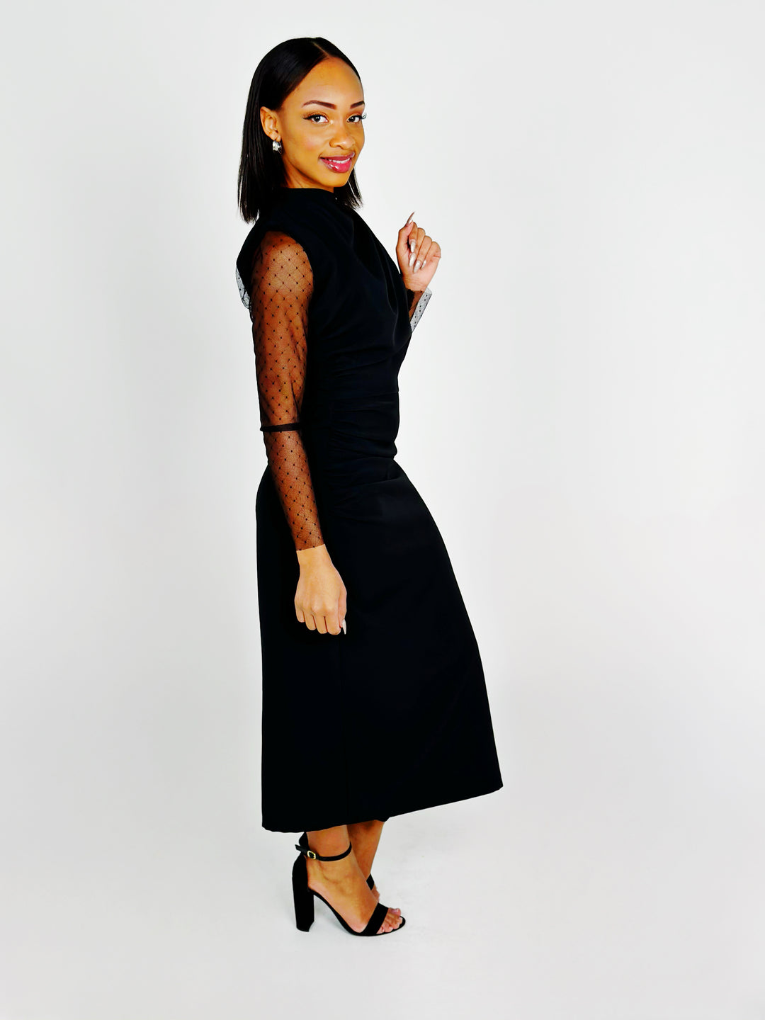 Black Mock Neck Long Sleeve Midi Dress