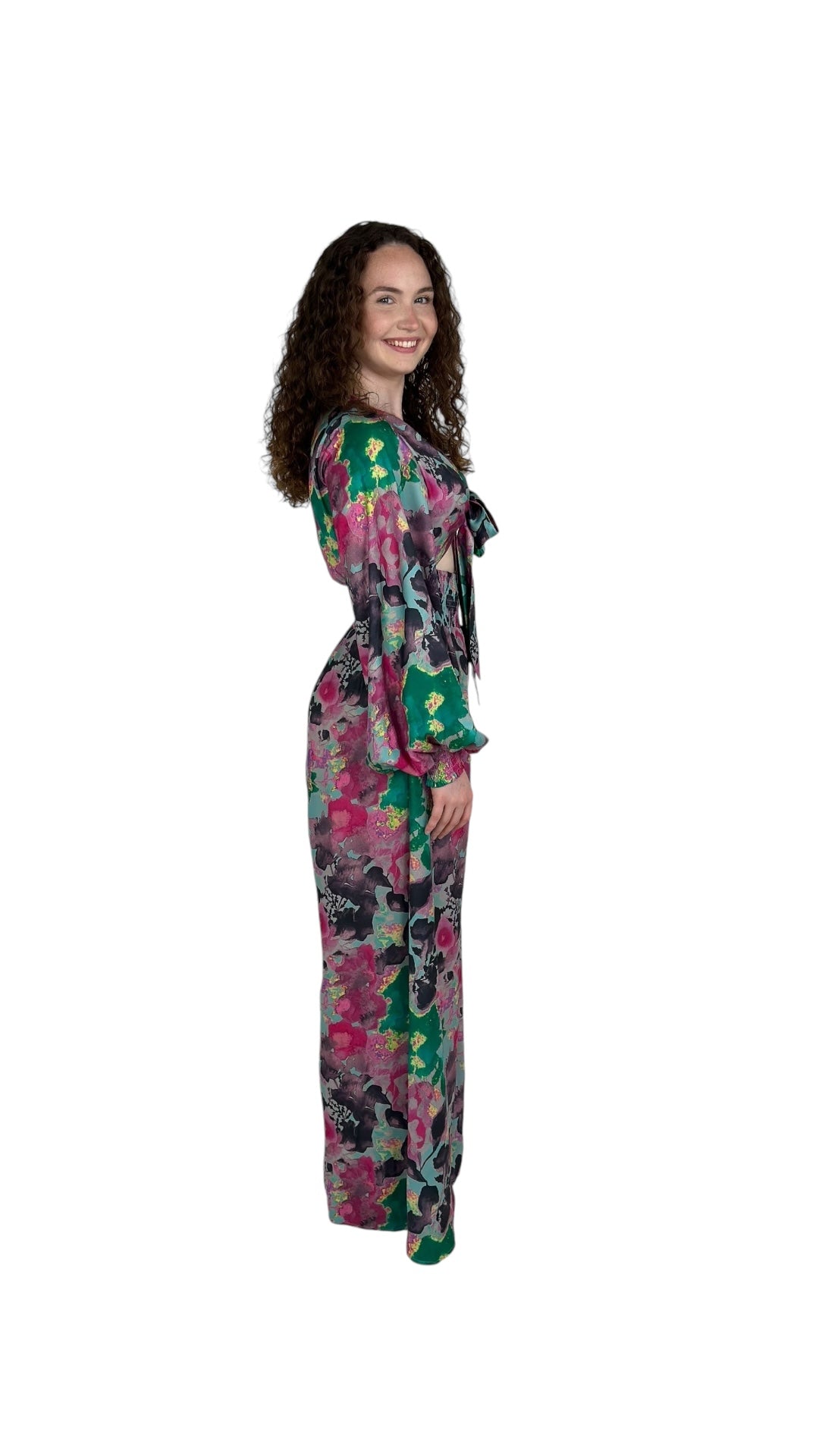 Green/Pink Long Flowered Jumpsuit