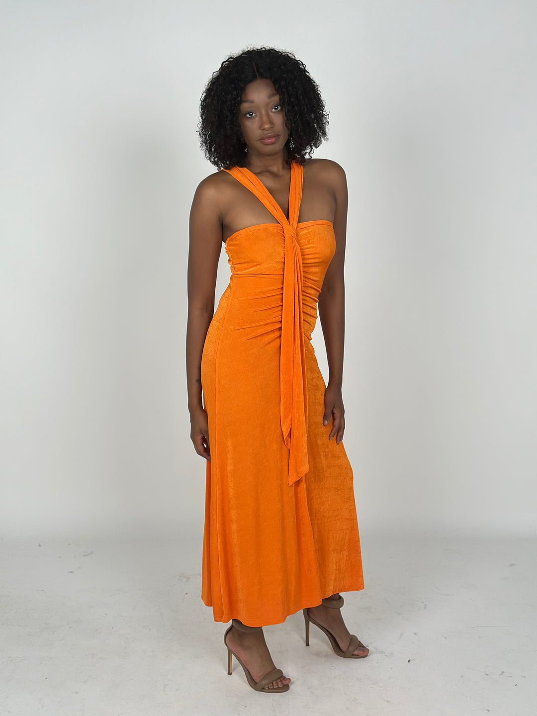 Orange Off Shoulder Sleeveless Midi Dress