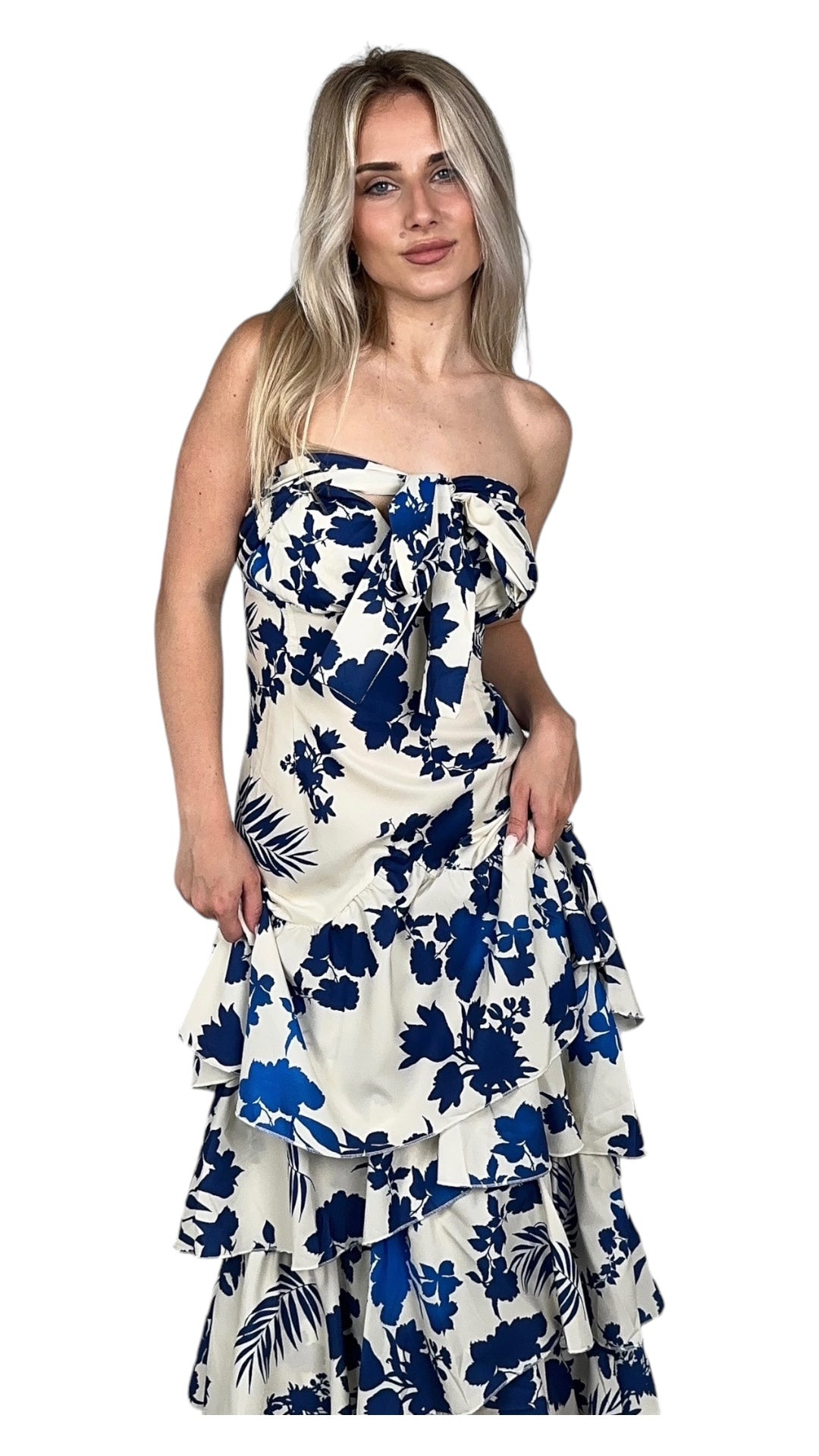 White/Blue Printed Tiered Maxi Dress