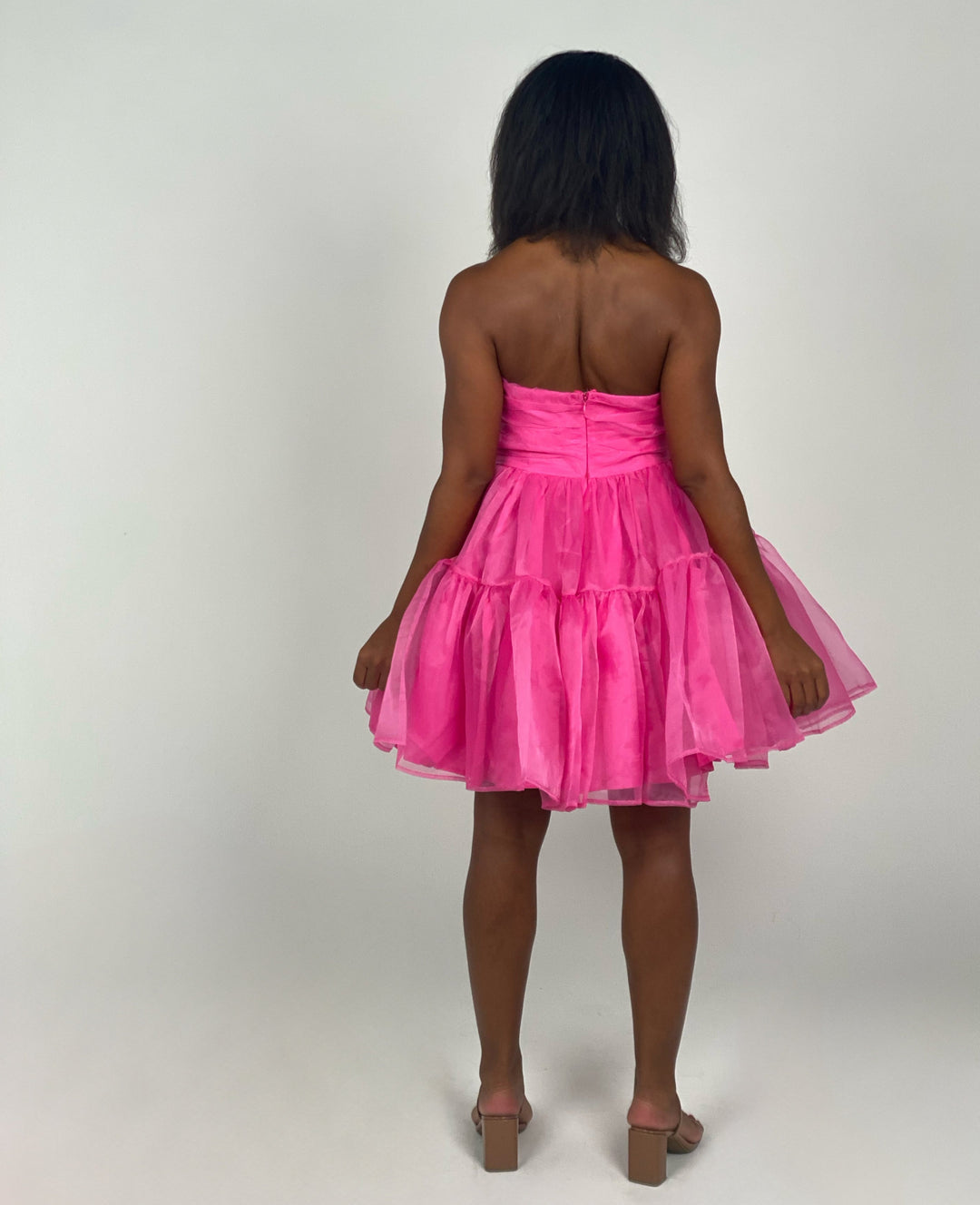 Fuchsia Organza Strapless Mini Dress