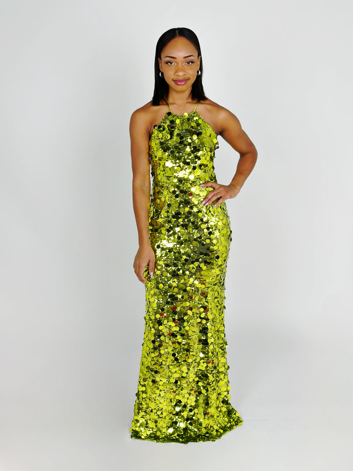 Chartreuse Sequin Maxi Dress