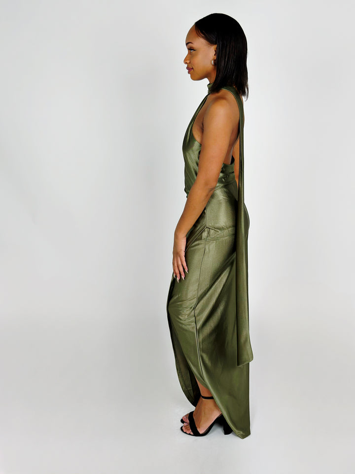 Olive Halter Neck Maxi Dress