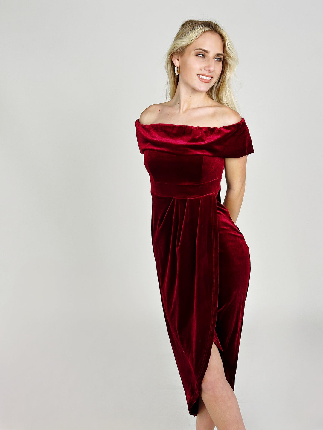 Burgundy Off Shoulder Midi Dress