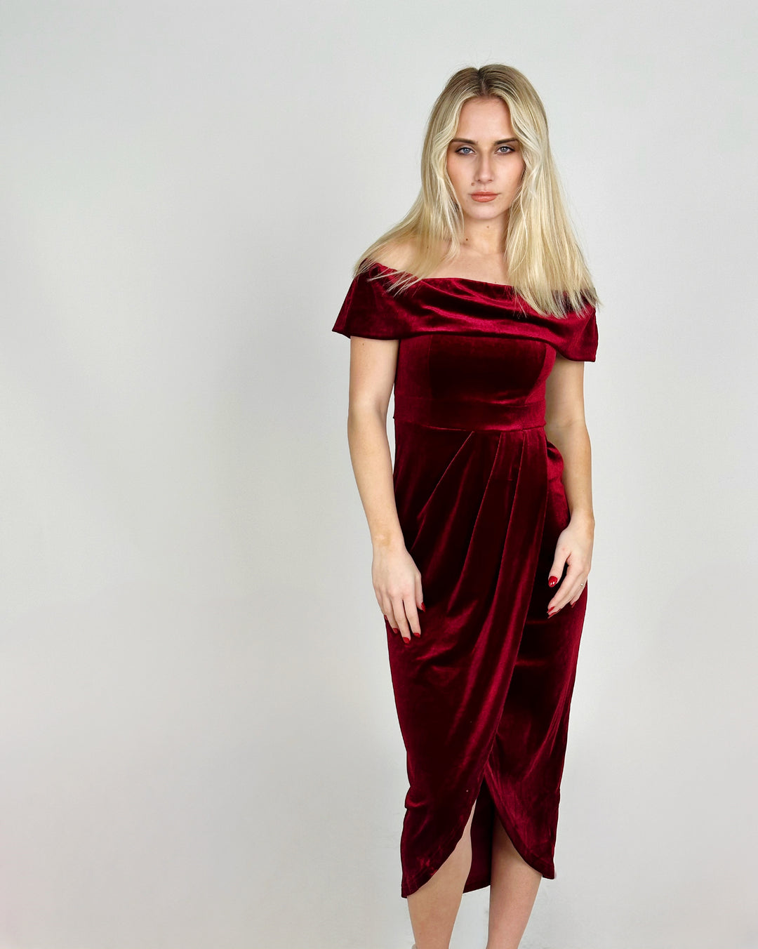 Burgundy Off Shoulder Midi Dress