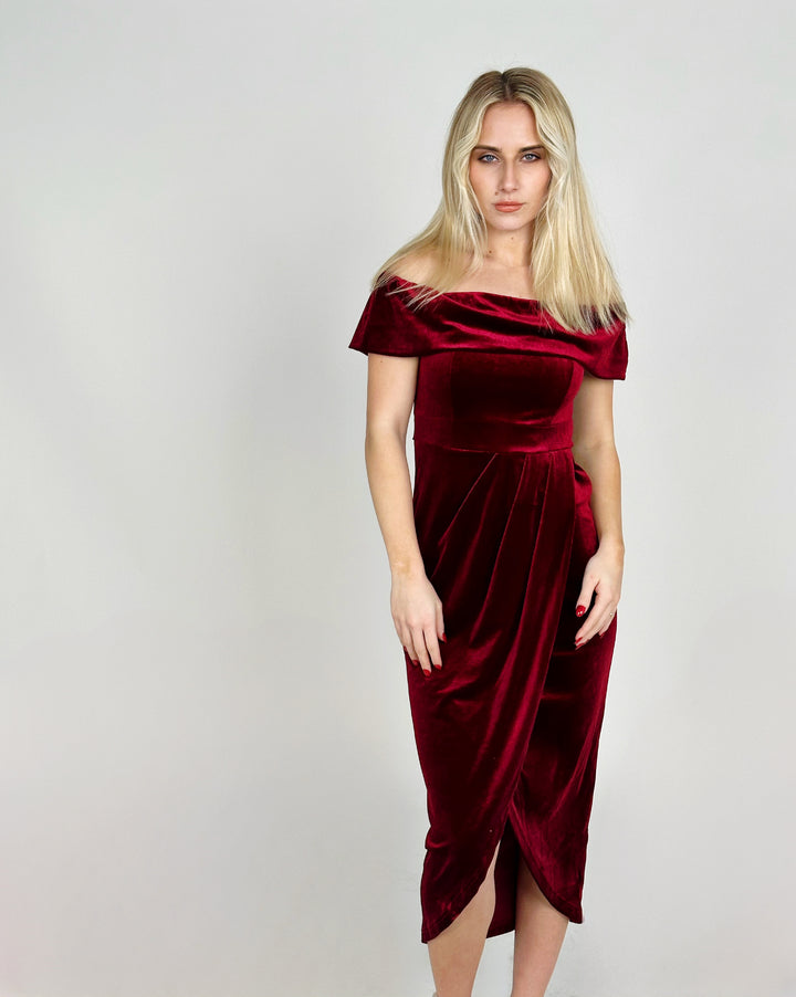 Burgundy Off Shoulder Midi Dress