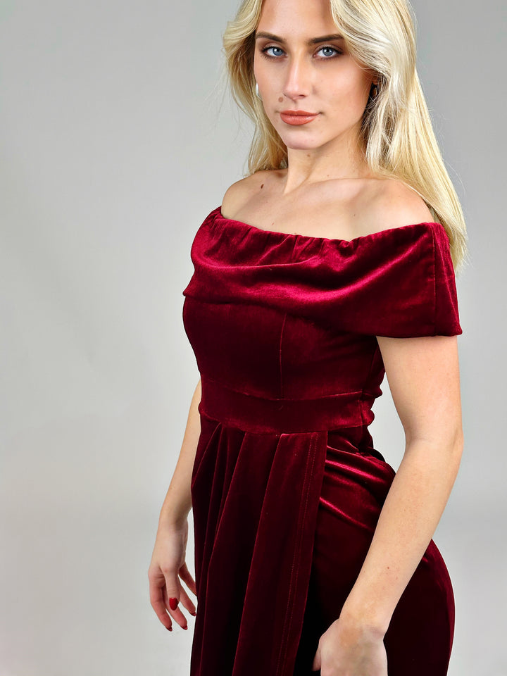 Burgundy Off Shoulder Midi Dress