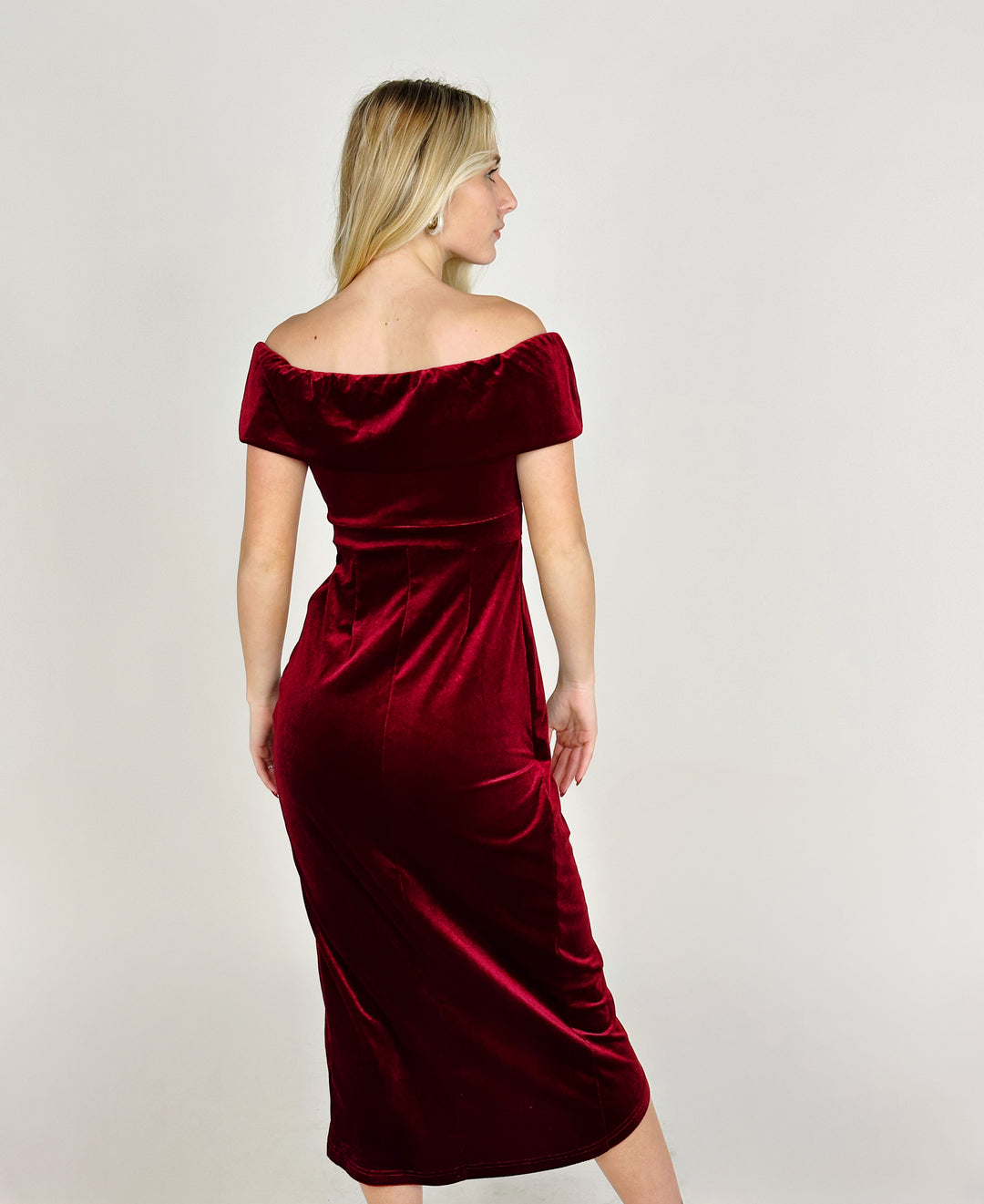 Burgundy Off Shoulder Midi Dress