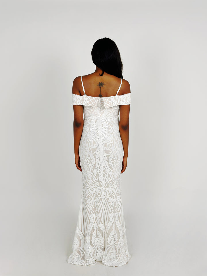 White Off Shoulder Sequin Maxi Dress