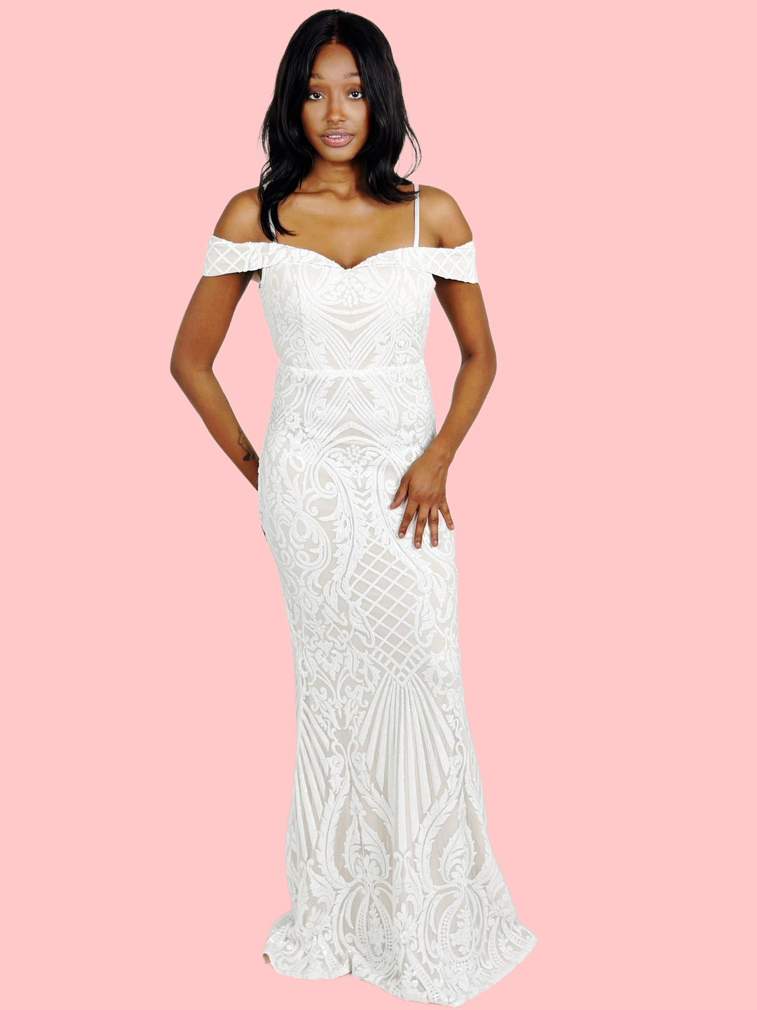 White Off Shoulder Sequin Maxi Dress