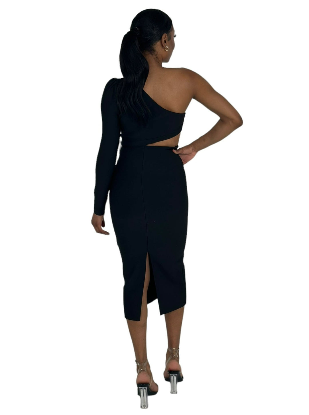 Black One Shoulder Slim Fit Midi Dress