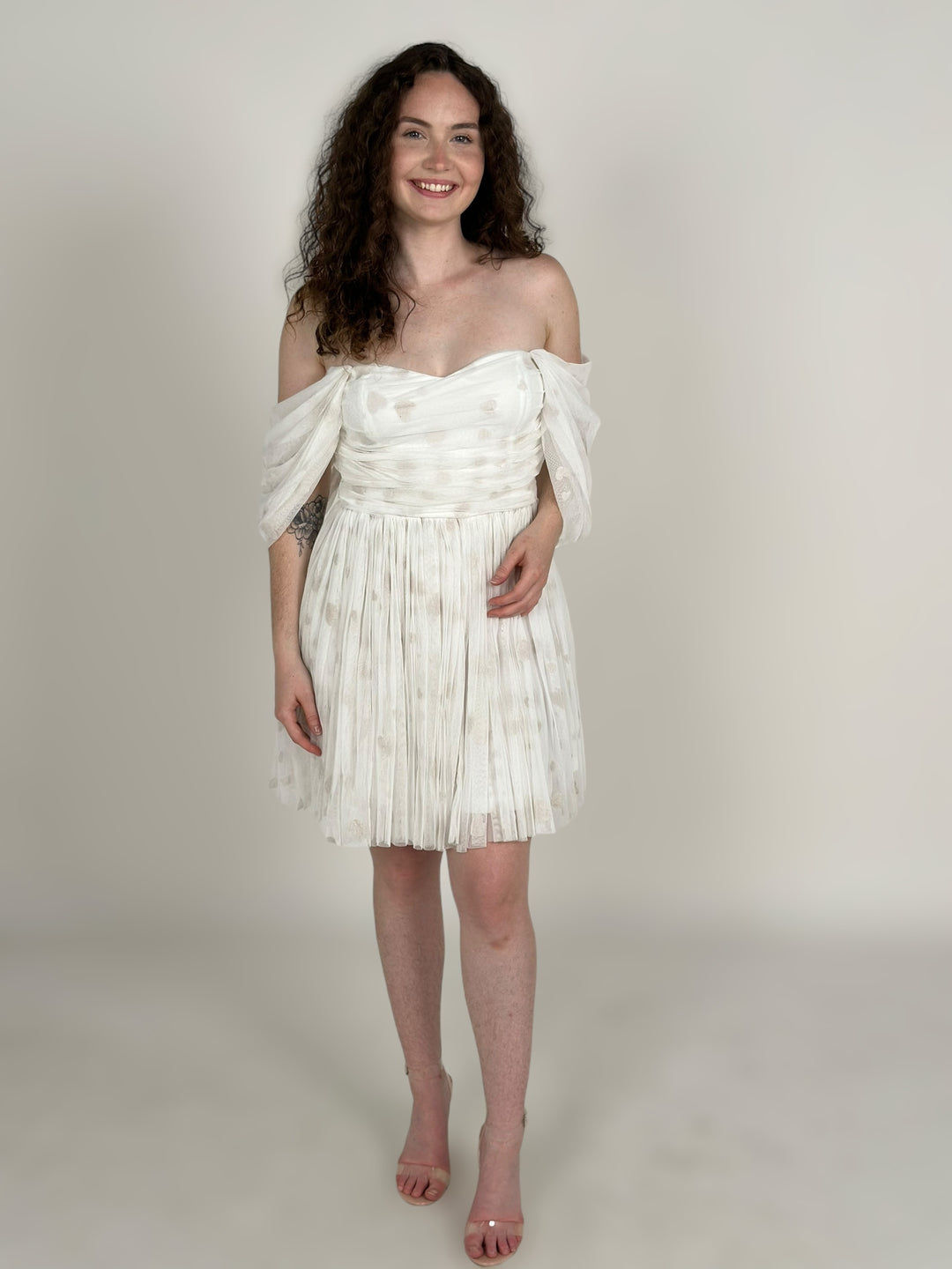White Off Shoulder Ruched Mini Dress