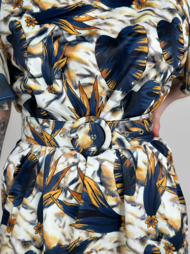 Yellow/Blue Floral High Neck Dress