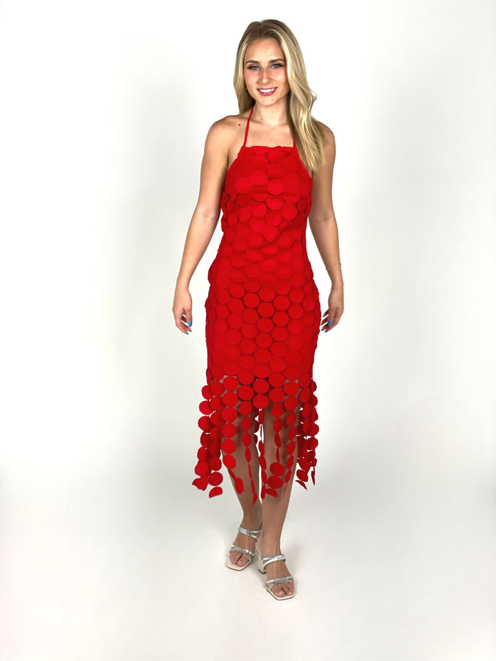 Red Fringe Crotchet Midi Dress