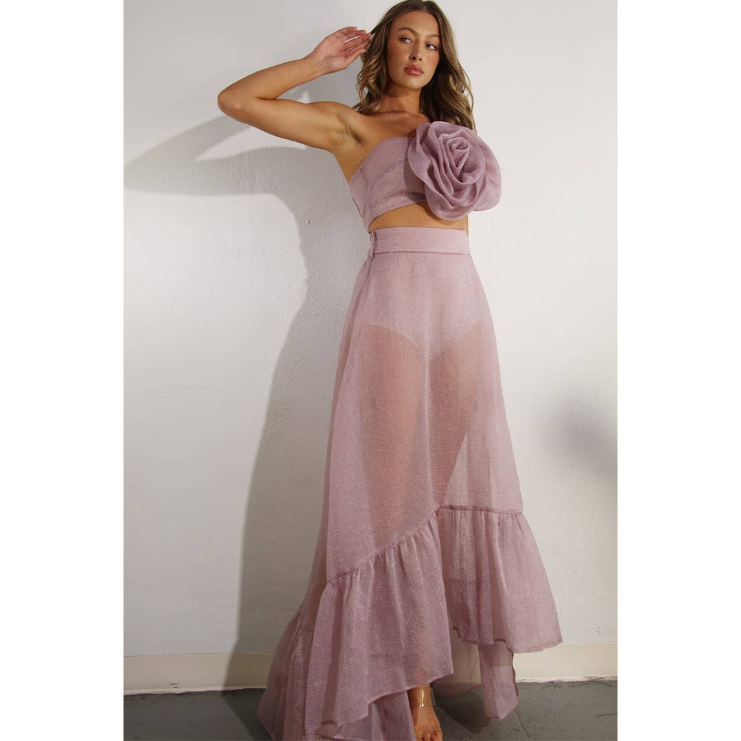 FLOWER TOP AND MICRO PANTED SKIRT SET: PINK MAUVE / S