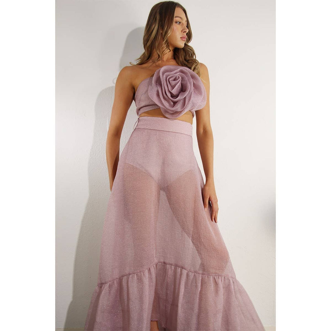 FLOWER TOP AND MICRO PANTED SKIRT SET: PINK MAUVE / S