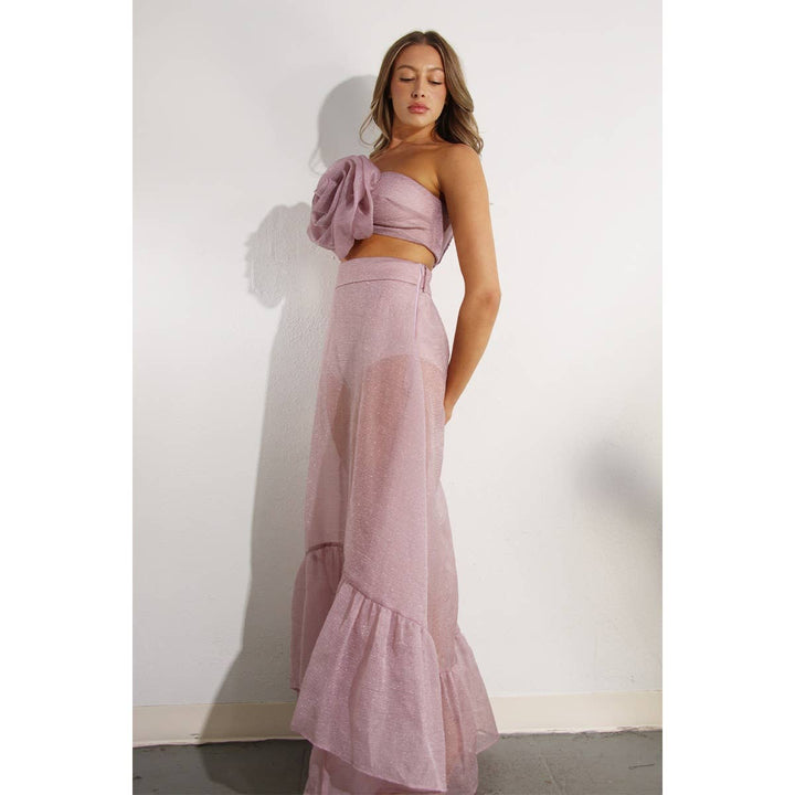 FLOWER TOP AND MICRO PANTED SKIRT SET: PINK MAUVE / S