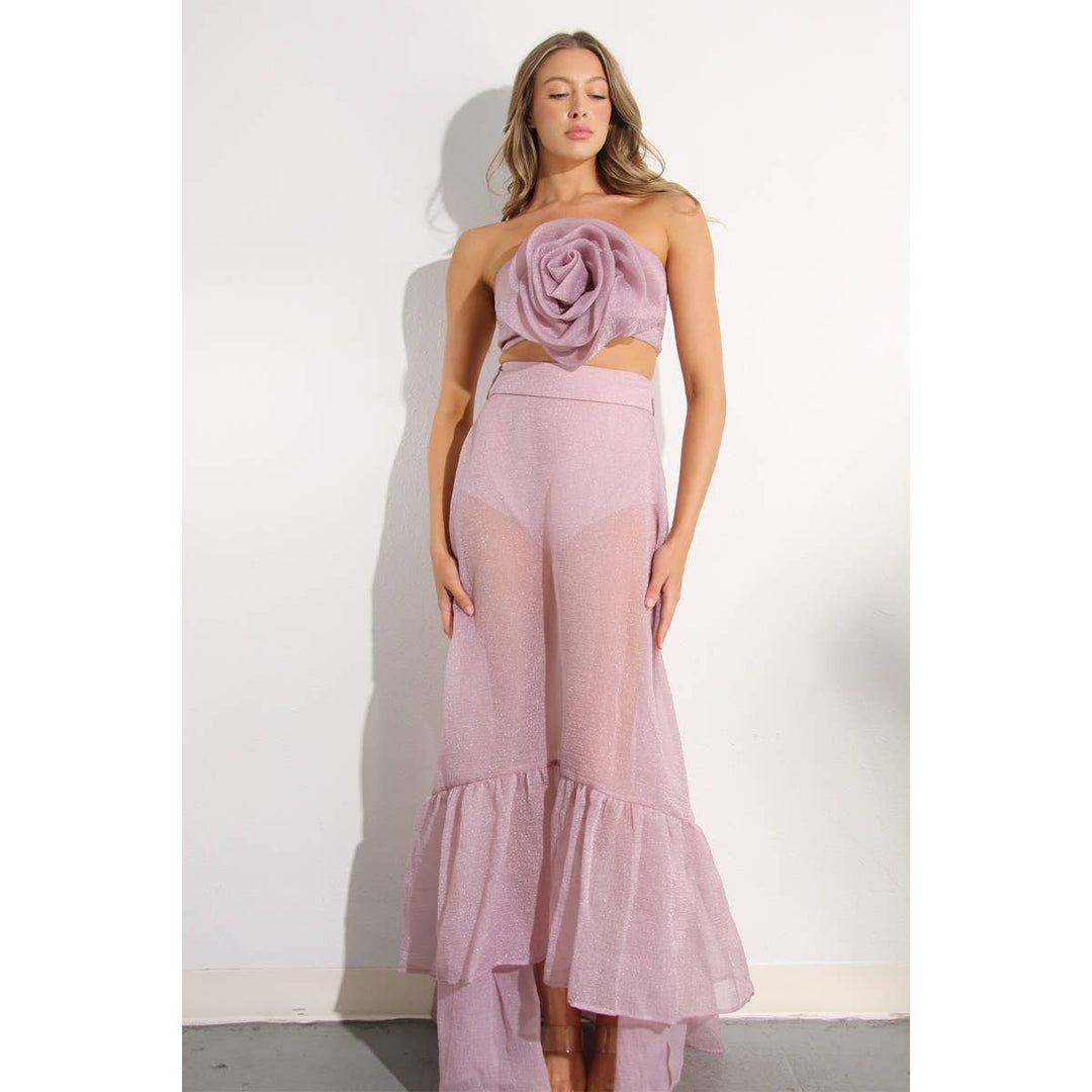 FLOWER TOP AND MICRO PANTED SKIRT SET: PINK MAUVE / S