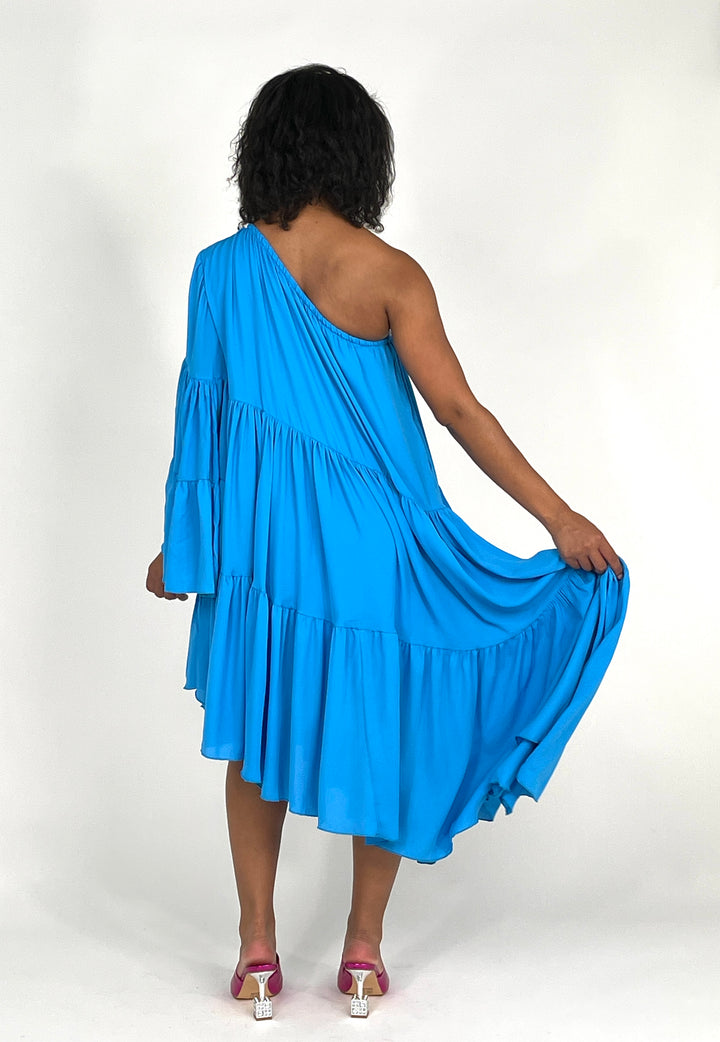 Blue One Shoulder Shirred Dress