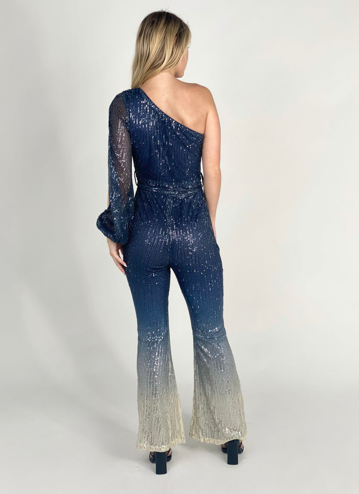 Navy One Shoulder Sequin Jumpsuit