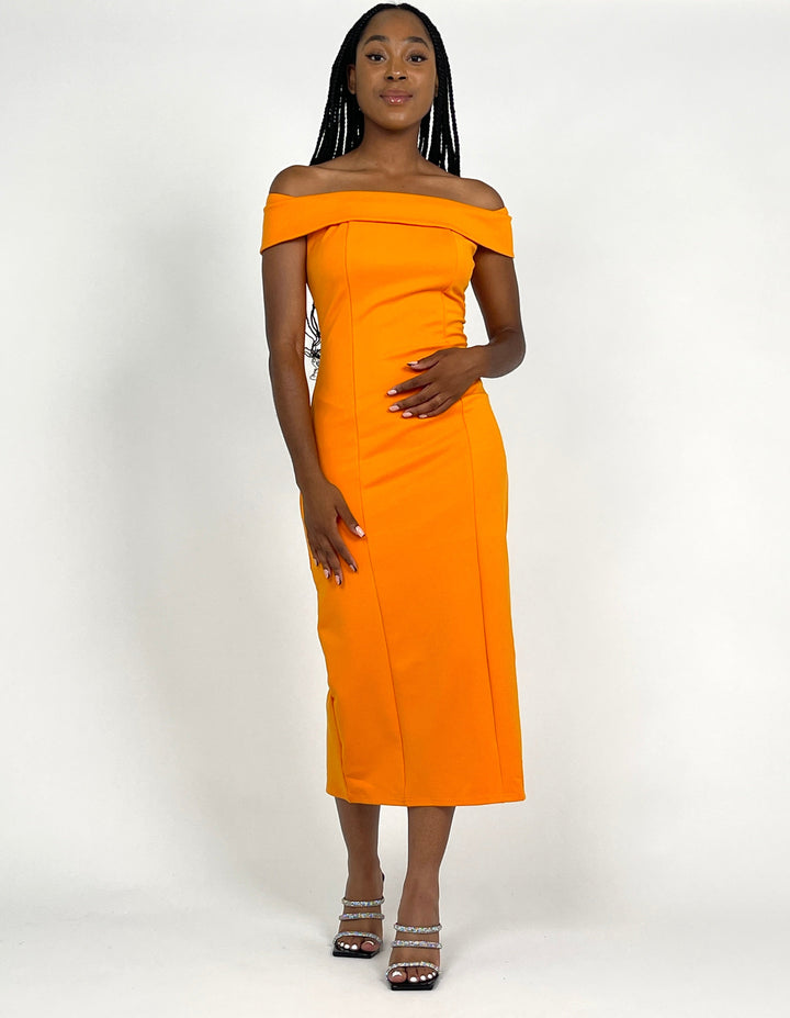 Orange Off Shoulder Midi Dress