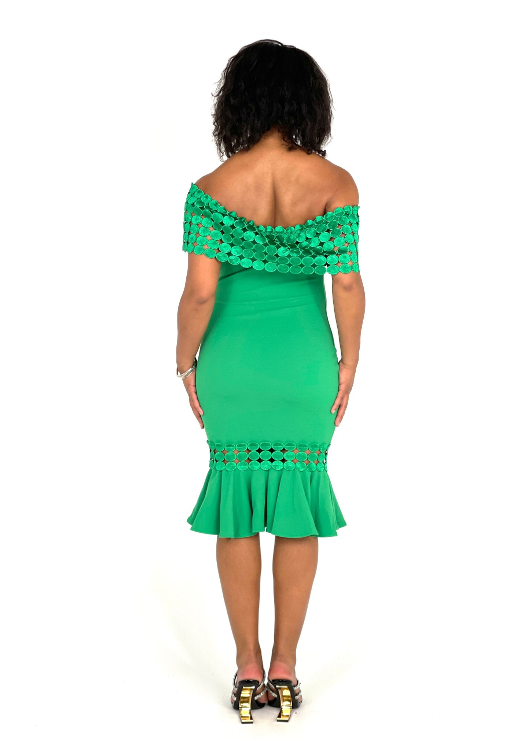 Elegant Kelly Off-Shoulder Green Designer Dress
