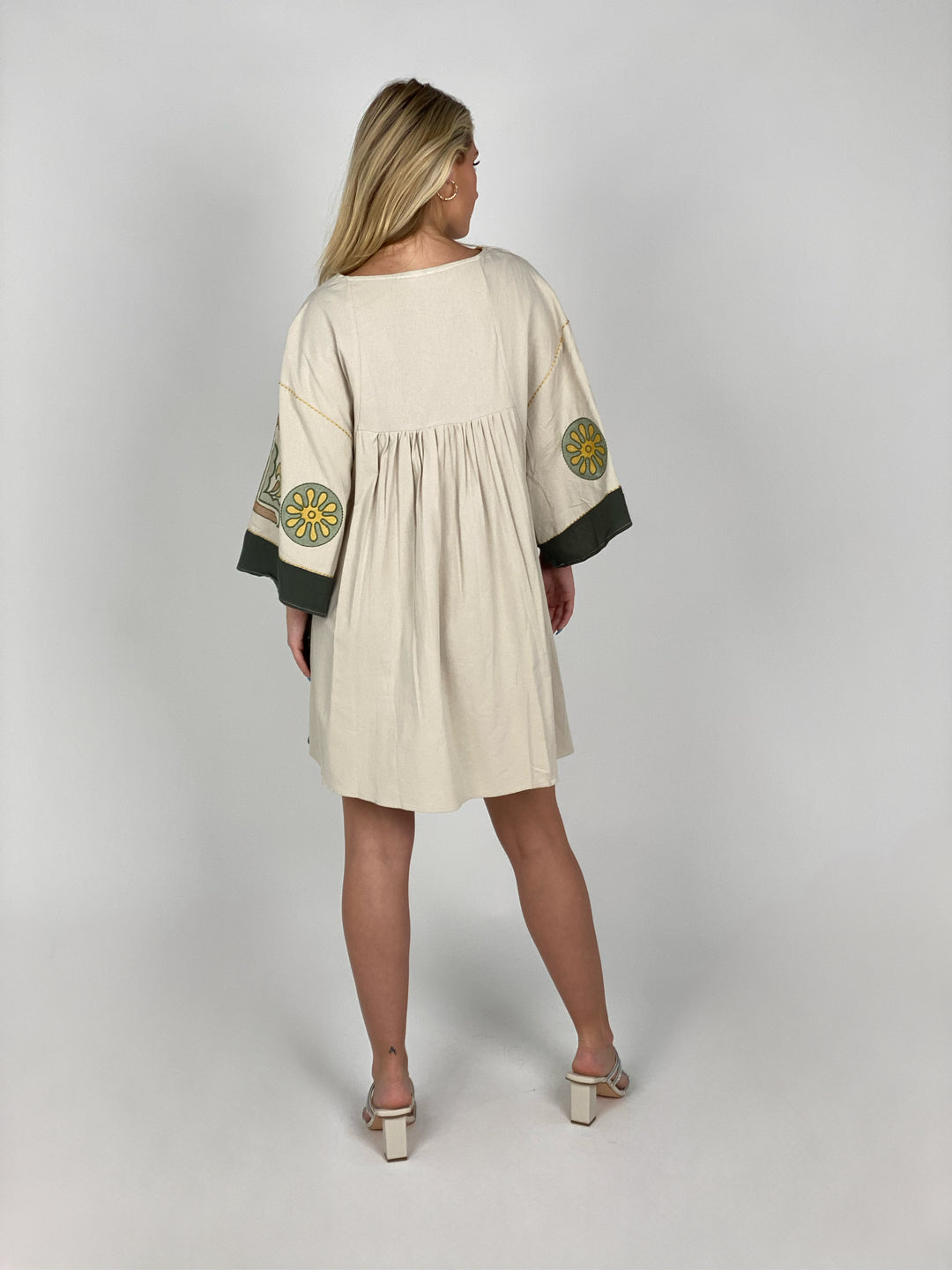 Beige And Green Embroidered Dress