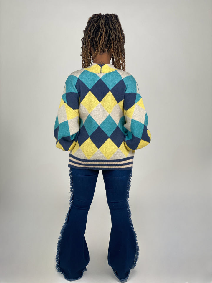 Blue and Yellow Argyle Patterned Sweater