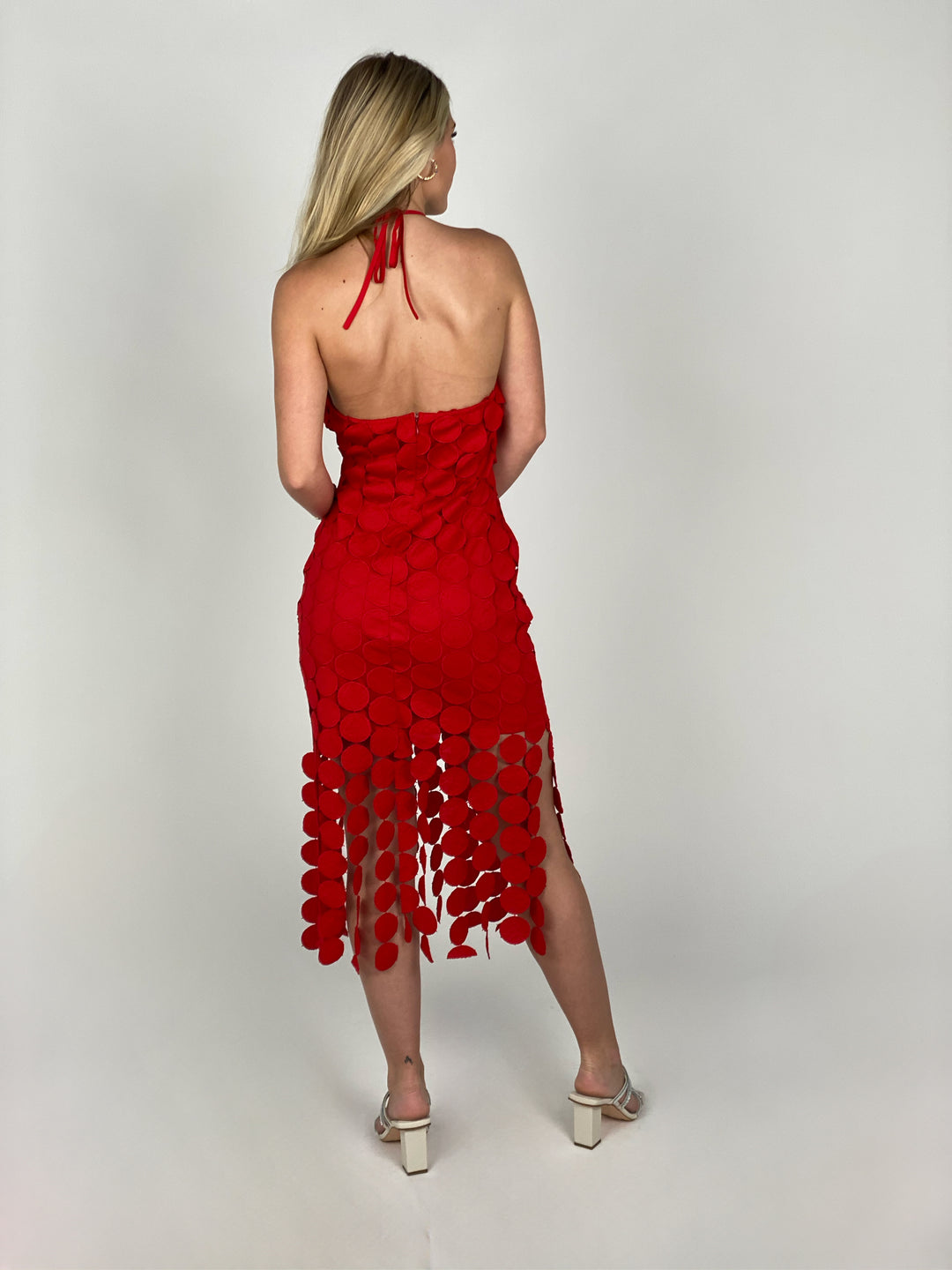 Red Fringe Crotchet Midi Dress