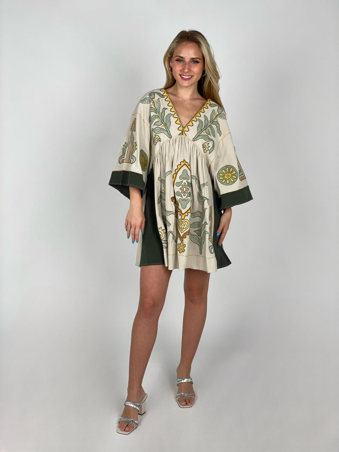 Beige And Green Embroidered Dress