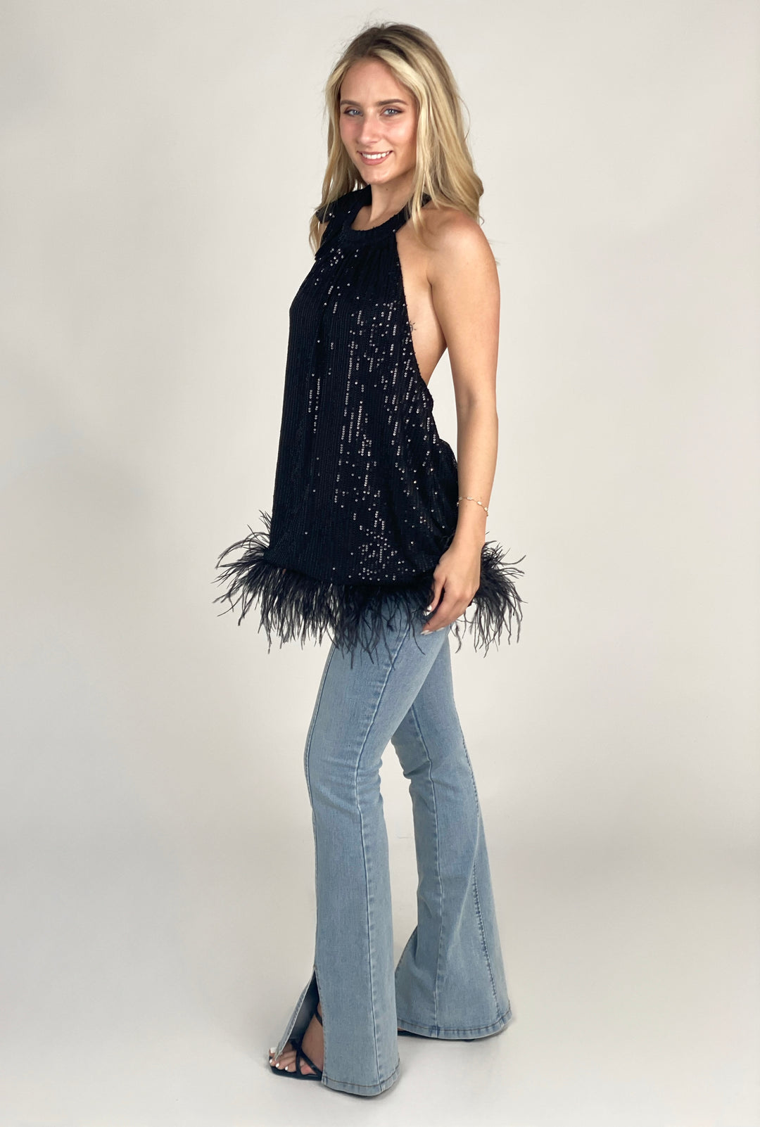 Black Sequined Feather Top