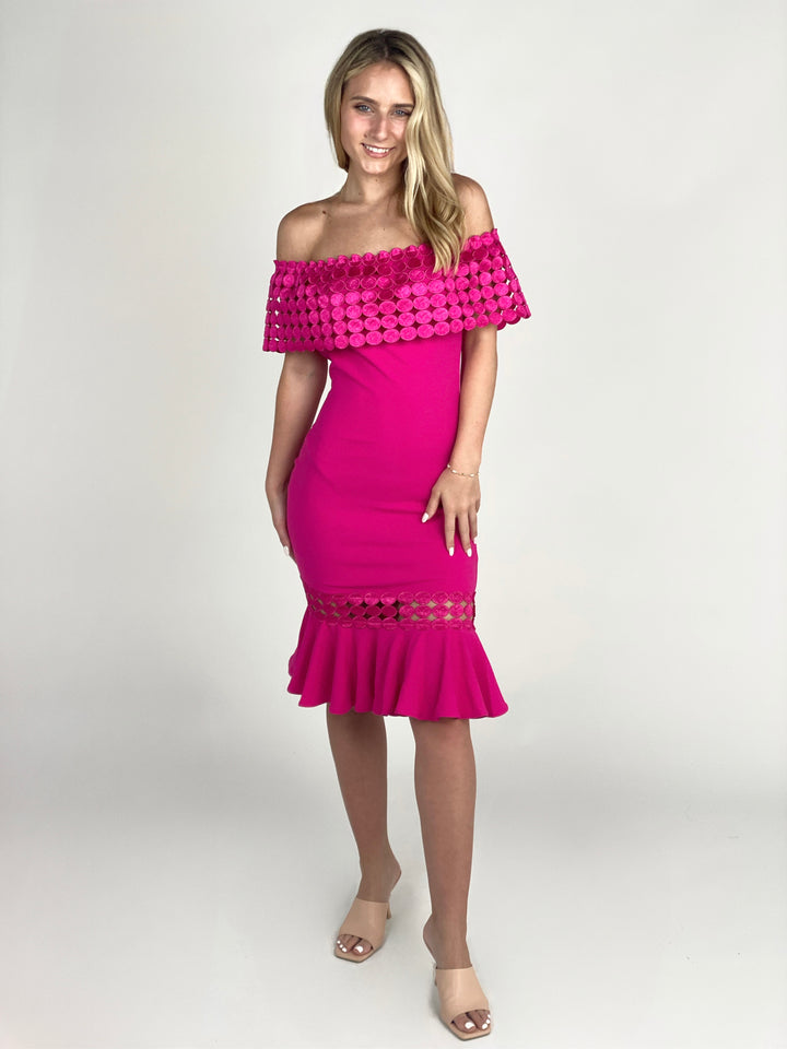 Elegant Kelley Off Shoulder Pink Designer Dress