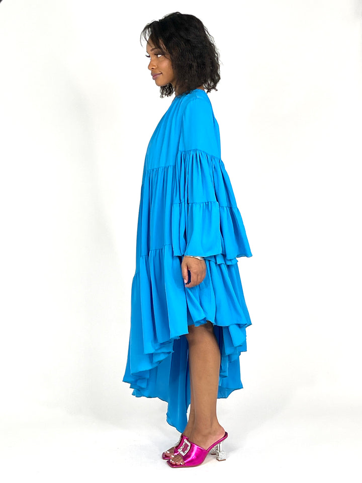 Blue One Shoulder Shirred Dress