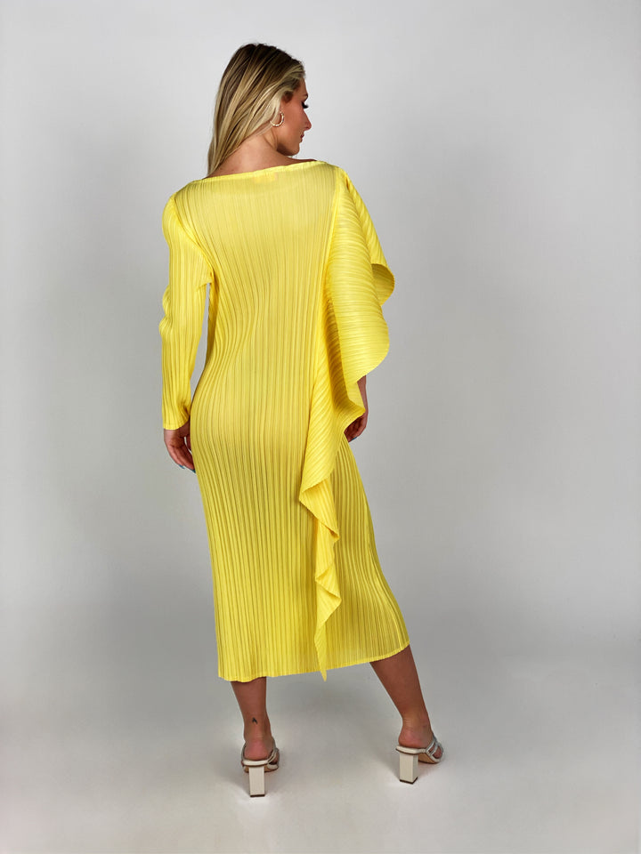 Yellow Asymmetric Pleated Dress