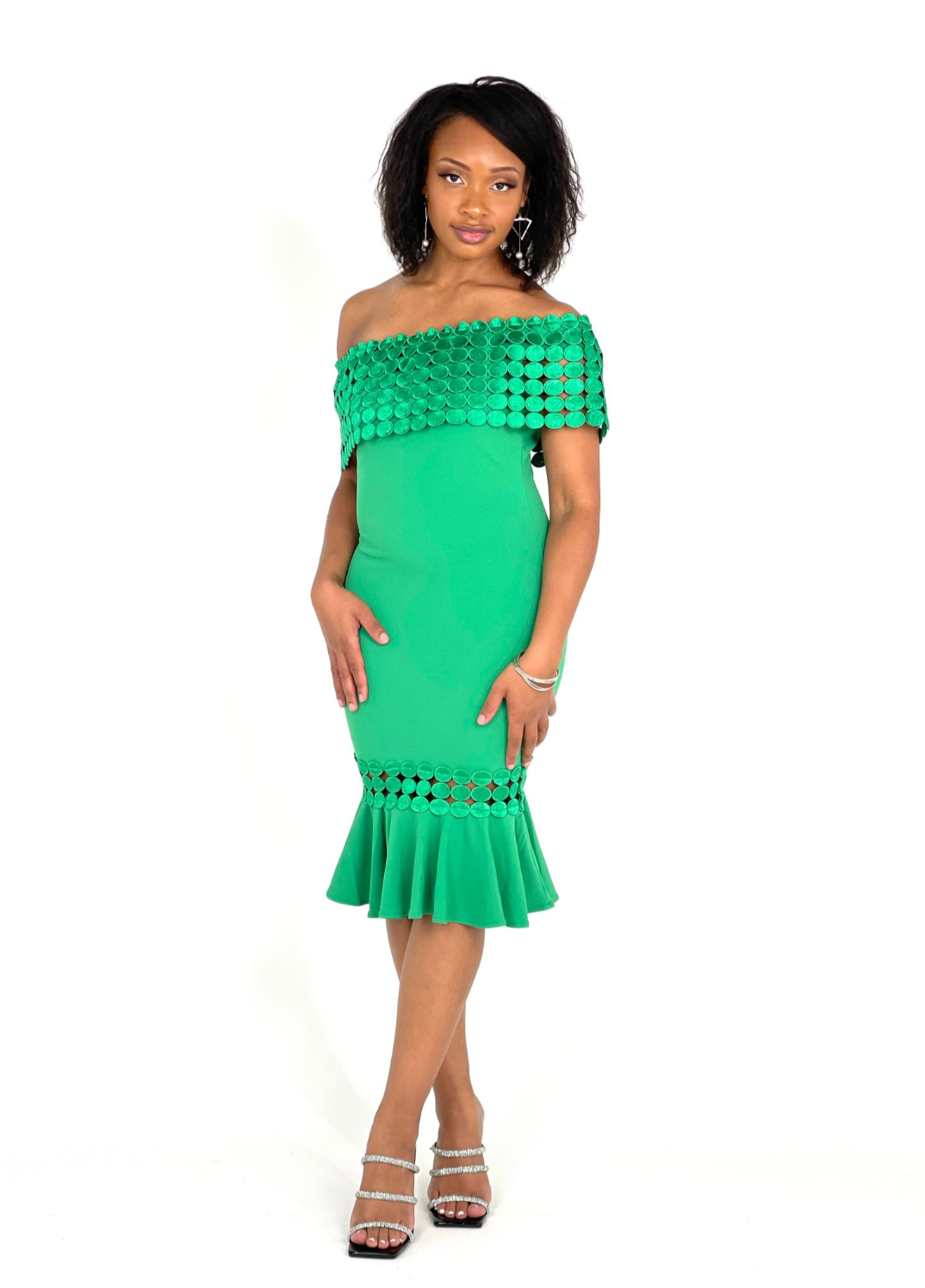 Elegant Kelly Off-Shoulder Green Designer Dress