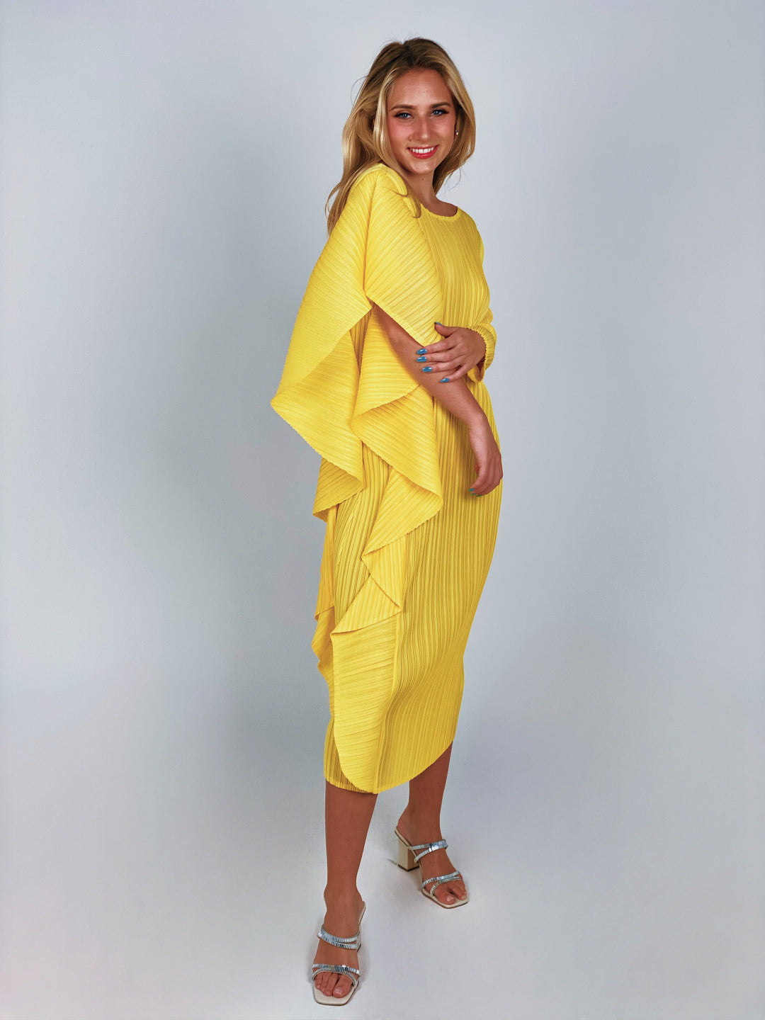 Yellow Asymmetric Pleated Dress