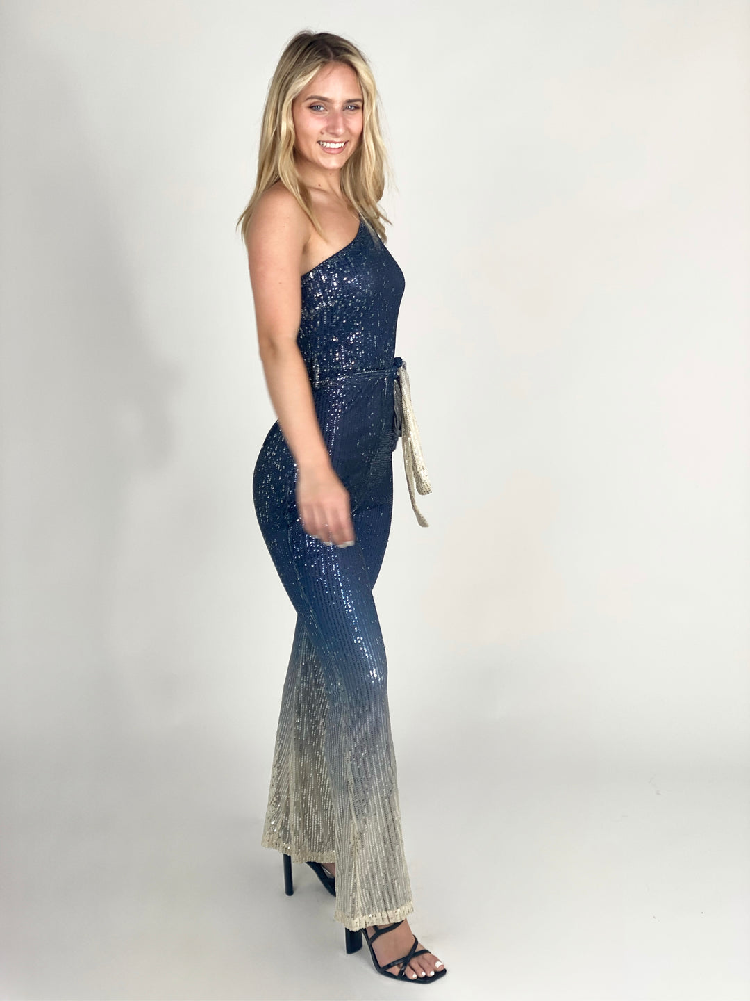 Navy One Shoulder Sequin Jumpsuit