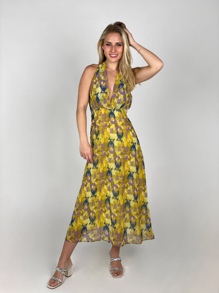Yellow Mosaic Halter Neck Dress